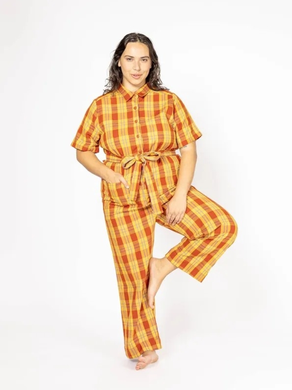 Ace And JIG Button-Front Plaid Jumpsuit in Mustard & Rust